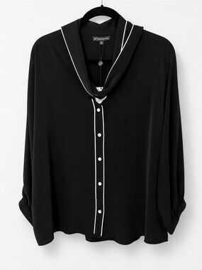 Adrianna Papell Black Button-Front Blouse with White Piping